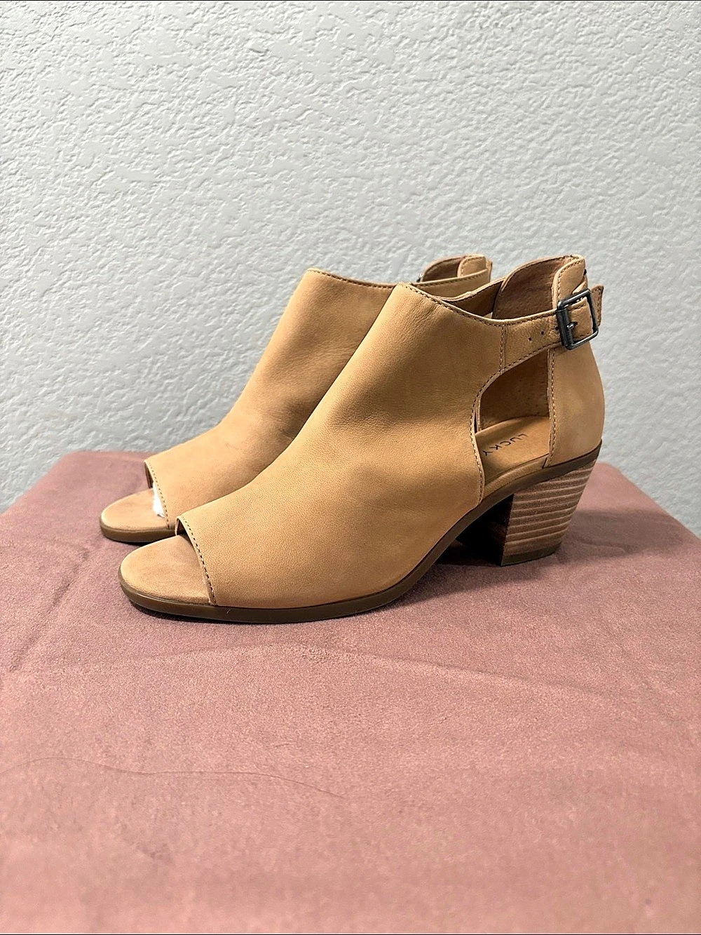 Lucky Brand Leather Open Toe Bootie Brown Heels